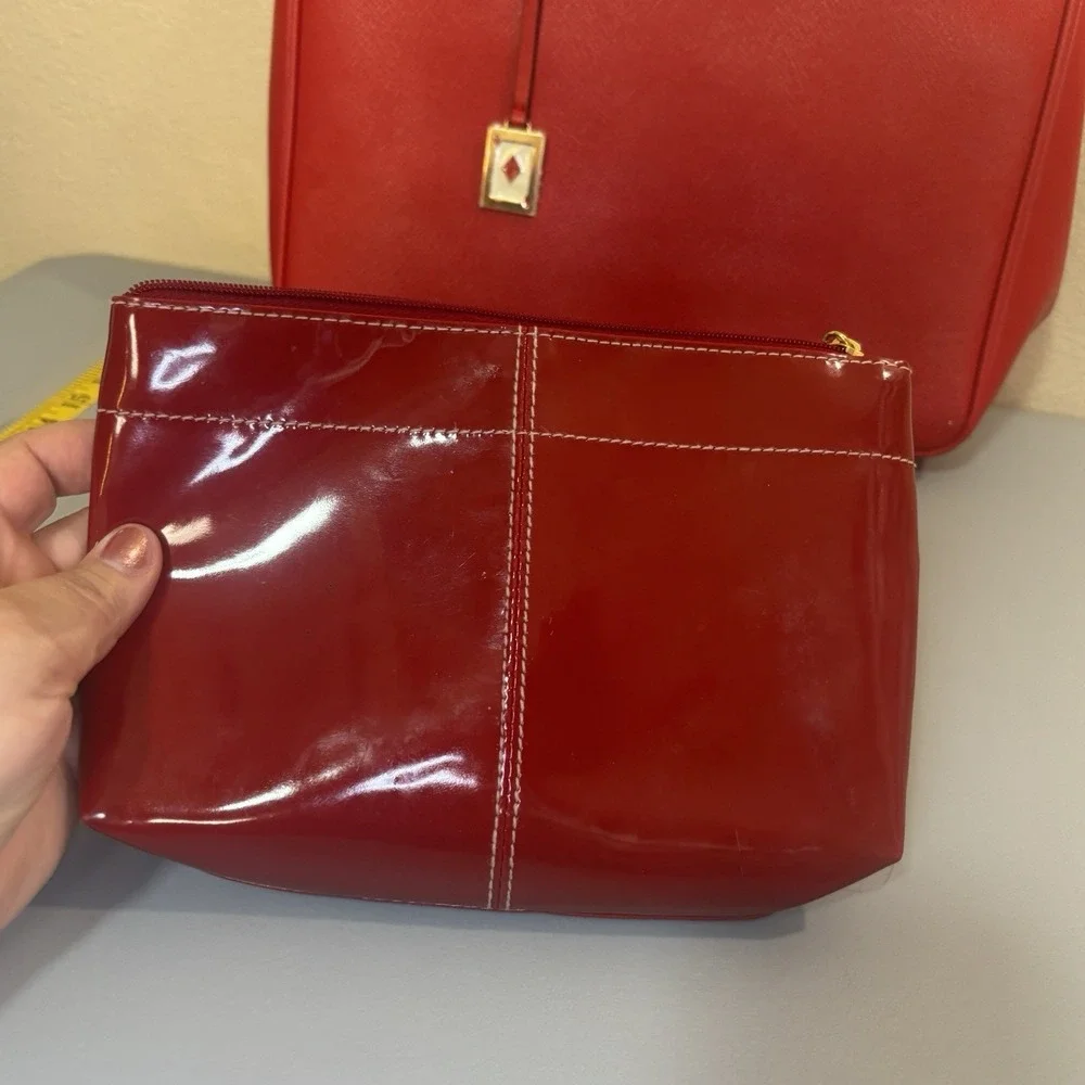 Estee Lauder Red Makeup Cosmetic Bag Train Case Faux Leather w/ Small Red Bag